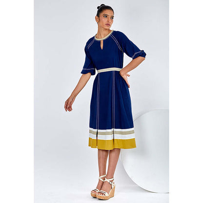 MADDER MUCH Navy Blue Cotton Keyhole Neck Solid A-Line Midi Dress