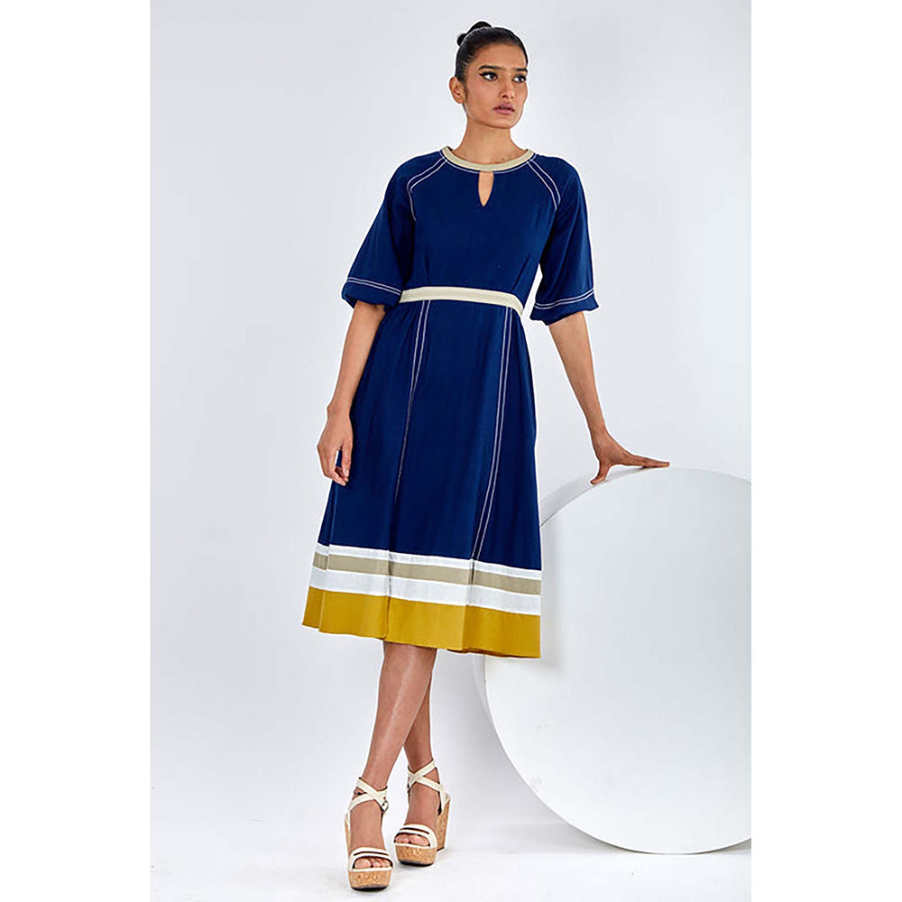 MADDER MUCH Navy Blue Cotton Keyhole Neck Solid A-Line Midi Dress