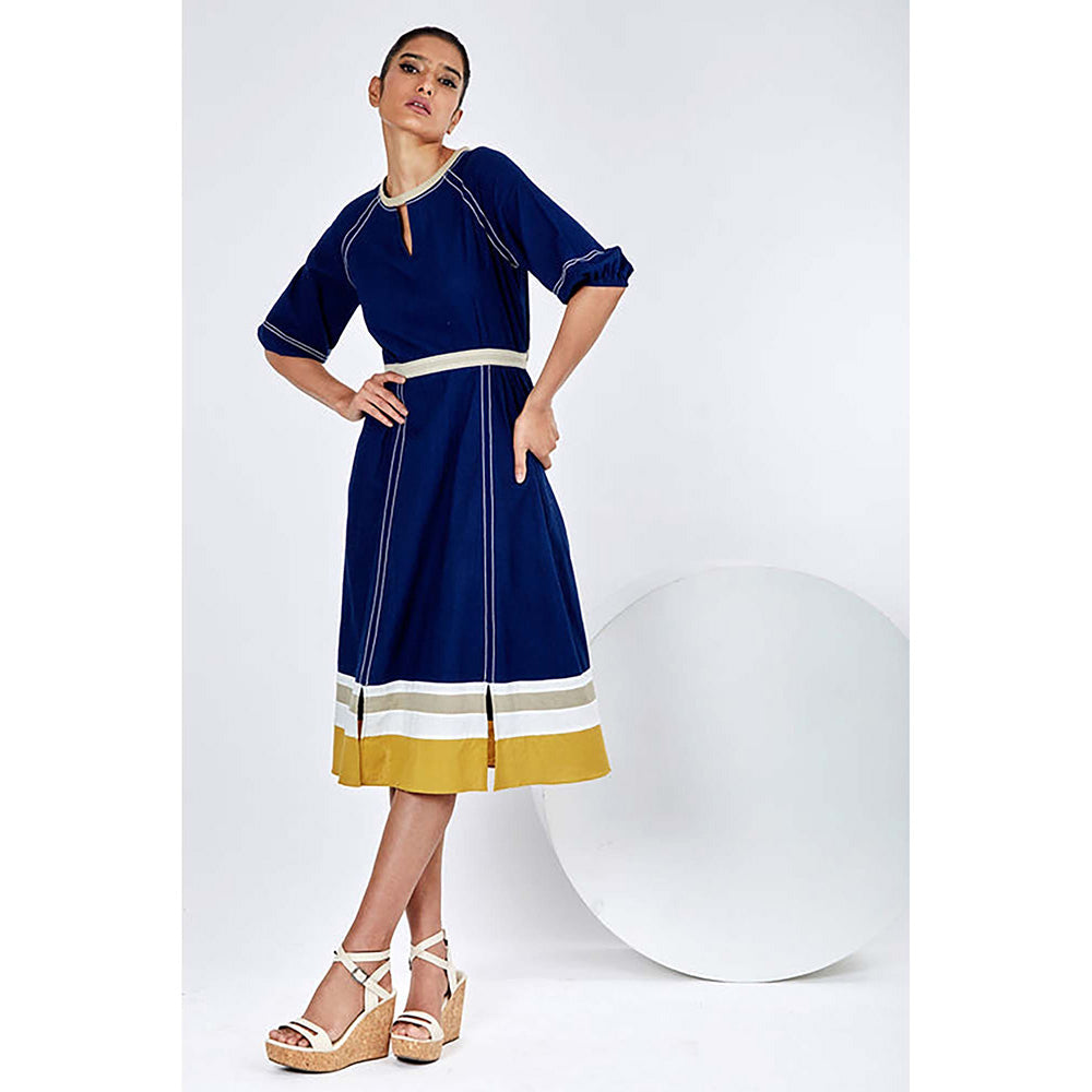 MADDER MUCH Navy Blue Cotton Keyhole Neck Solid A-Line Midi Dress