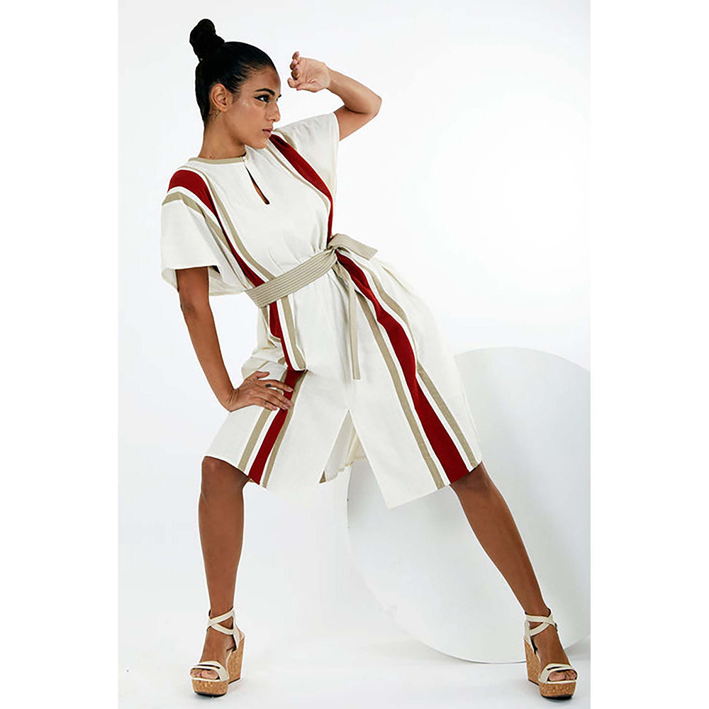 MADDER MUCH Ivory Cotton Round Neck Stripes A-Line Knee Length Dress With Belt