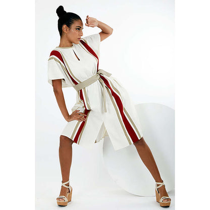 MADDER MUCH Ivory Cotton Round Neck Stripes A-Line Knee Length Dress With Belt