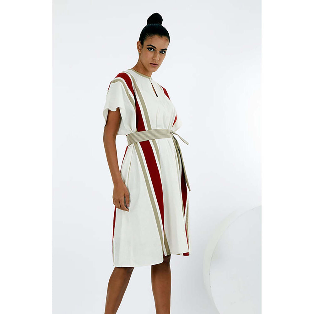 MADDER MUCH Ivory Cotton Round Neck Stripes A-Line Knee Length Dress With Belt