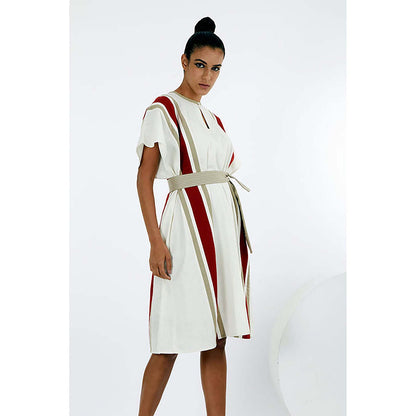 MADDER MUCH Ivory Cotton Round Neck Stripes A-Line Knee Length Dress With Belt
