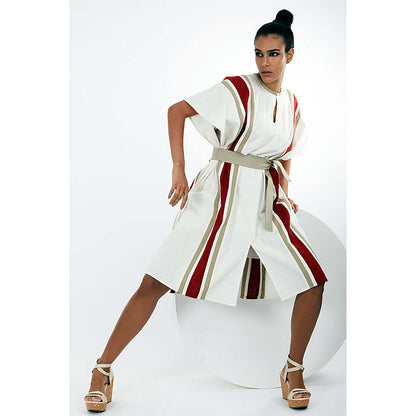 MADDER MUCH Ivory Cotton Round Neck Stripes A-Line Knee Length Dress With Belt