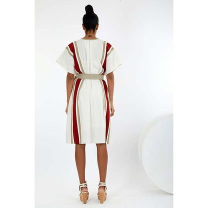MADDER MUCH Ivory Cotton Round Neck Stripes A-Line Knee Length Dress With Belt