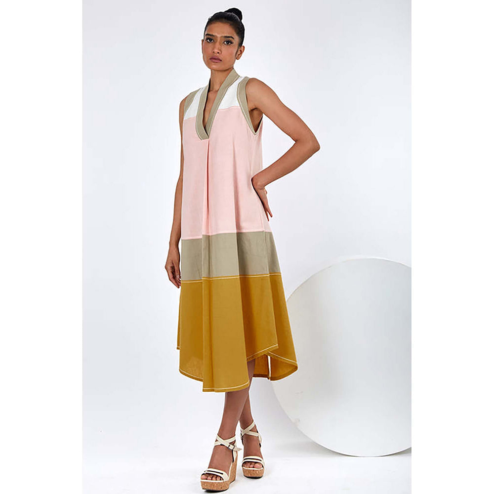 MADDER MUCH Multi-Color Cotton V-Neck Colorblock Midi Dress