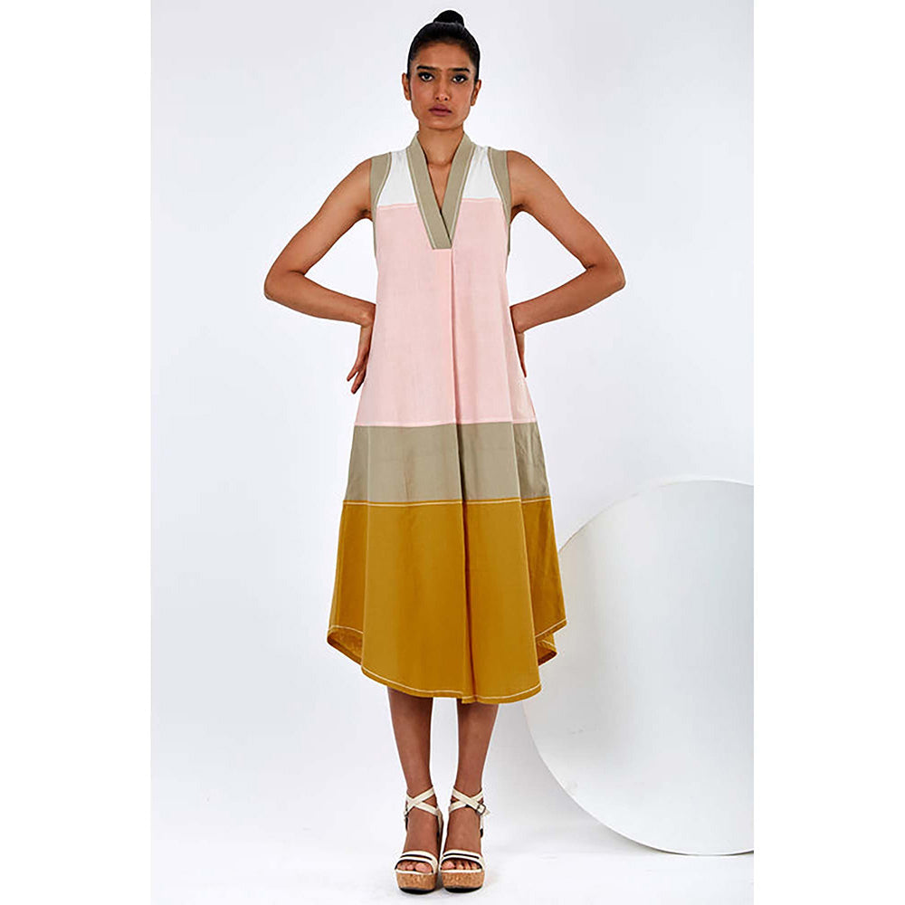 MADDER MUCH Multi-Color Cotton V-Neck Colorblock Midi Dress