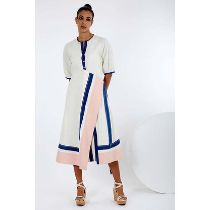 MADDER MUCH White Cotton Round Neck Solid A-Line Midi Dress