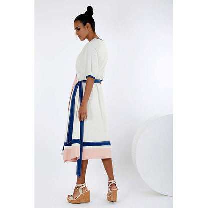 MADDER MUCH White Cotton Round Neck Solid A-Line Midi Dress