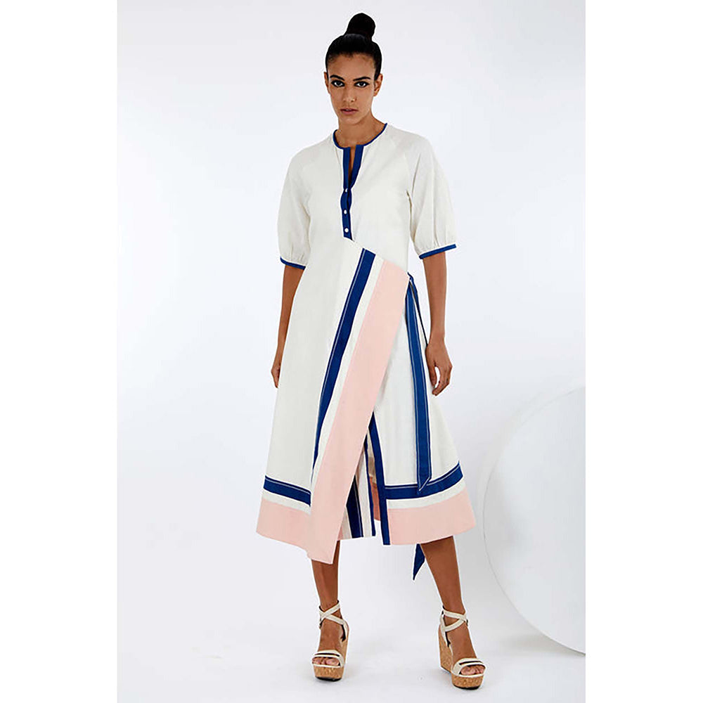 MADDER MUCH White Cotton Round Neck Solid A-Line Midi Dress