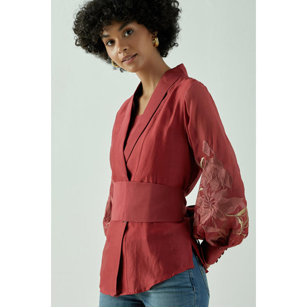 MADDER MUCH Red Chanderi Solid Embroidered Top With Belt