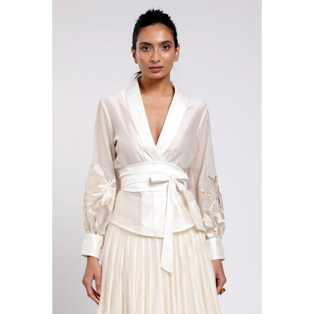 MADDER MUCH White Chanderi Solid Plain Top With Belt