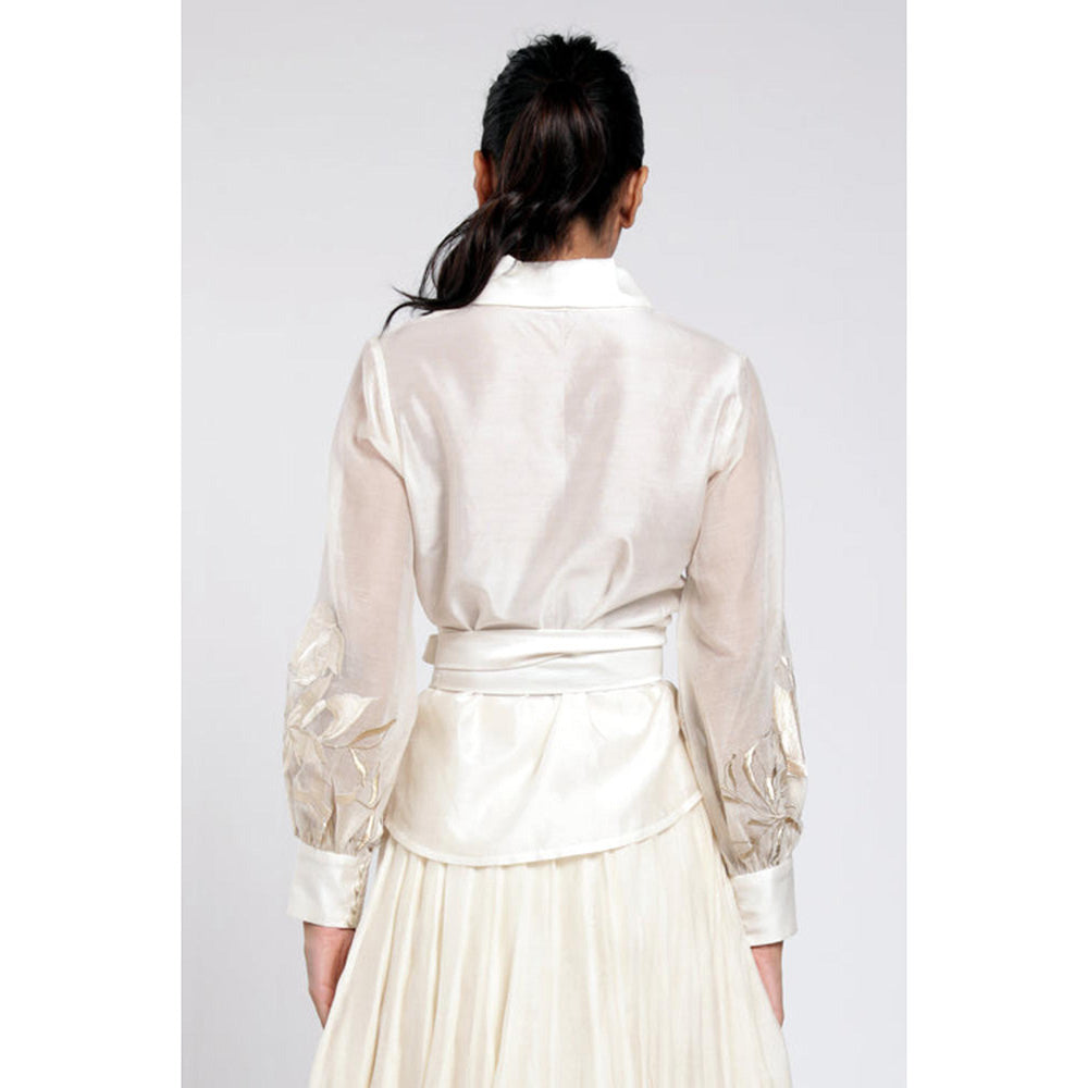 MADDER MUCH White Chanderi Solid Plain Top With Belt