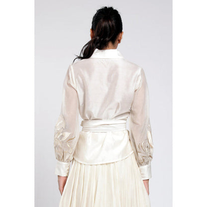 MADDER MUCH White Chanderi Solid Plain Top With Belt
