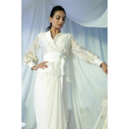 MADDER MUCH White Chanderi Solid Plain Top With Belt