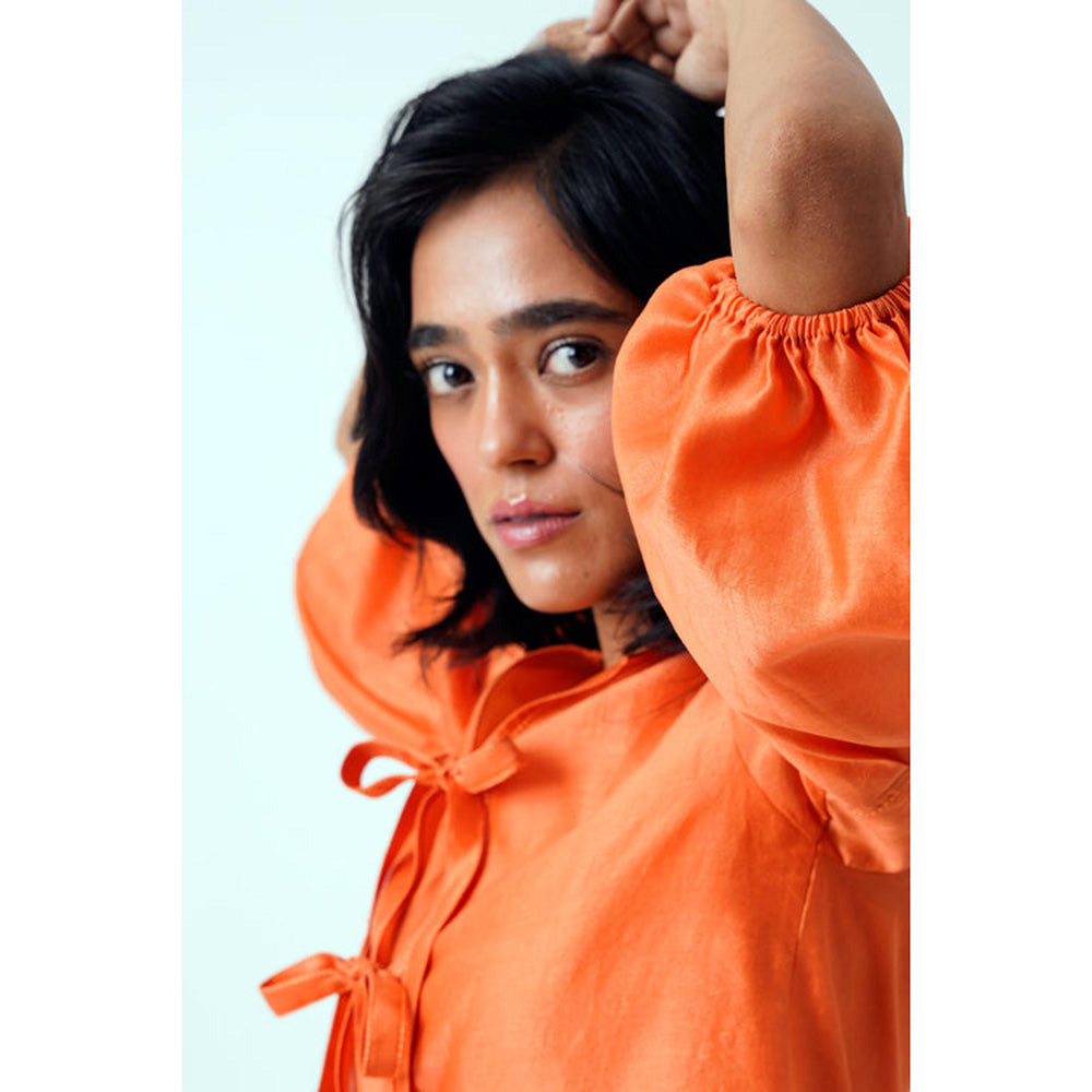 MADDER MUCH Orange Cotton Tie Up Neck Solid/Plain Top With Slip