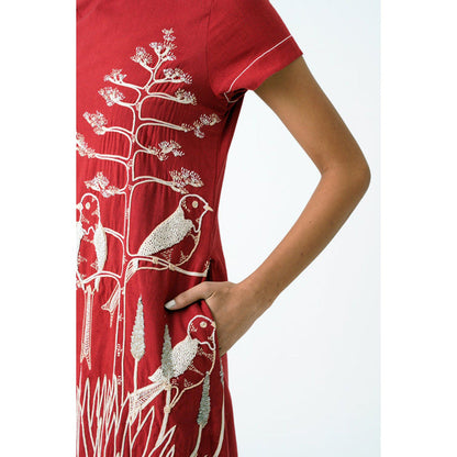 MADDER MUCH Madder Chase - Midtown Midi Dress in Hand Embroidery