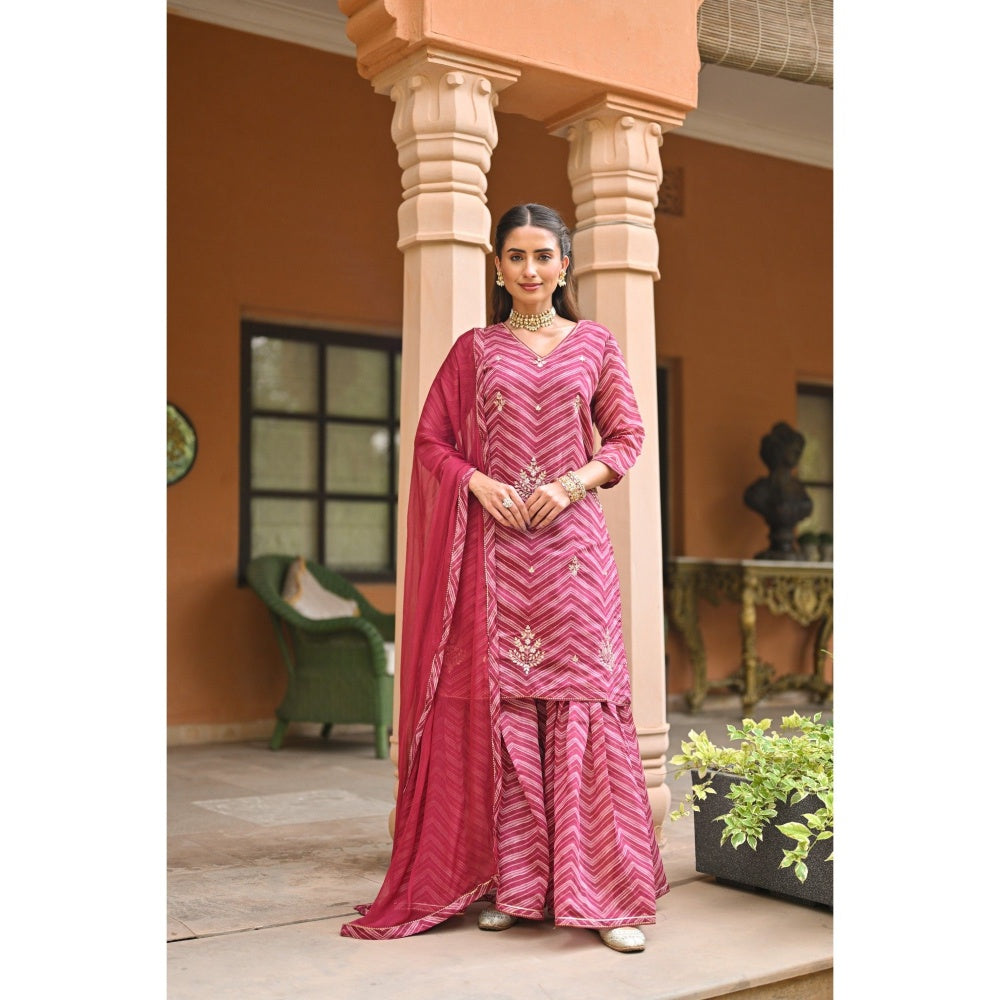 Mahee Jaipur Pink Lehriya Chanderi Sharara with Kurta Gota Patti Work and Dupatta (Set of 3)