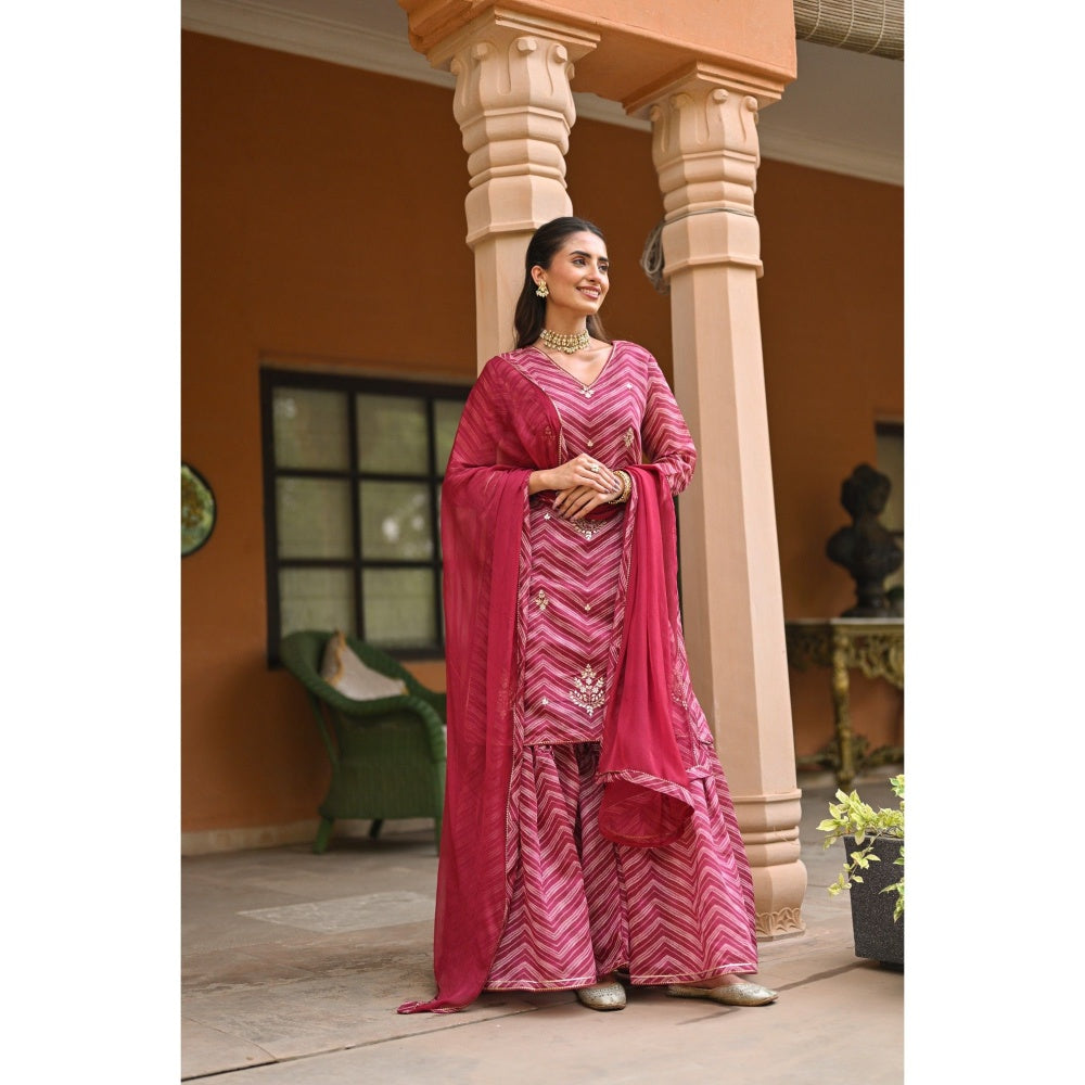 Mahee Jaipur Pink Lehriya Chanderi Sharara with Kurta Gota Patti Work and Dupatta (Set of 3)