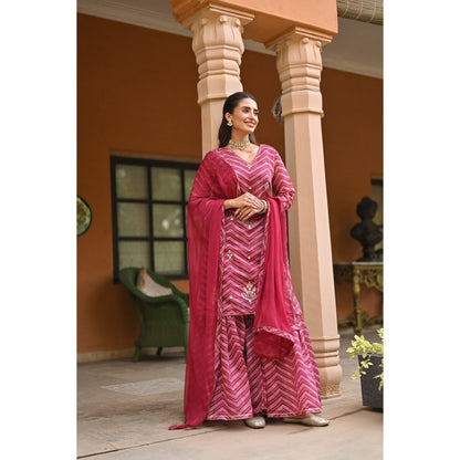 Mahee Jaipur Pink Lehriya Chanderi Sharara with Kurta Gota Patti Work and Dupatta (Set of 3)