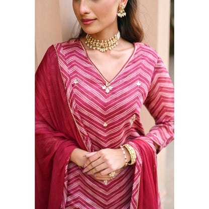 Mahee Jaipur Pink Lehriya Chanderi Sharara with Kurta Gota Patti Work and Dupatta (Set of 3)