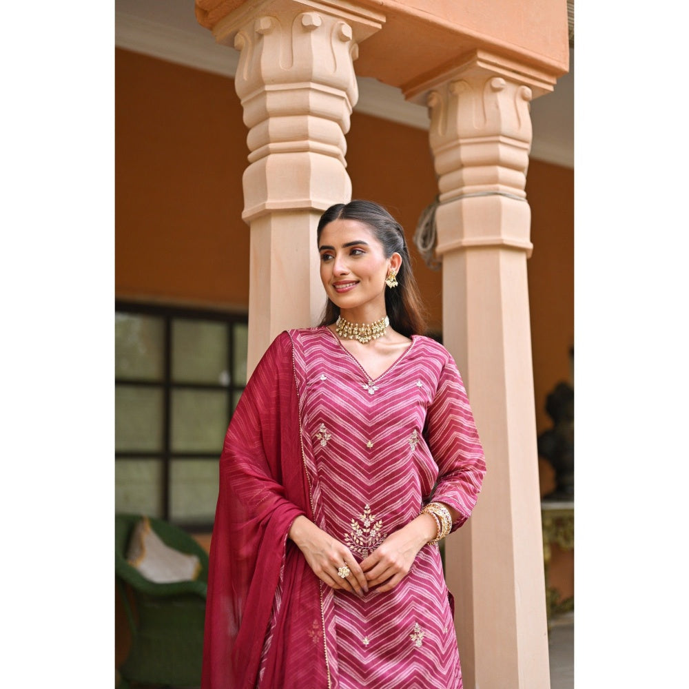 Mahee Jaipur Pink Lehriya Chanderi Sharara with Kurta Gota Patti Work and Dupatta (Set of 3)