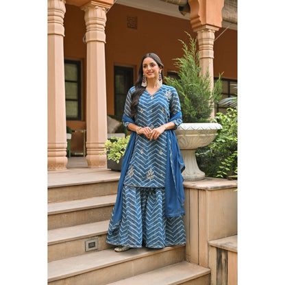 Mahee Jaipur Blue Lehriya Chanderi Sharara with Kurta Gota Patti Work and Dupatta (Set of 3)