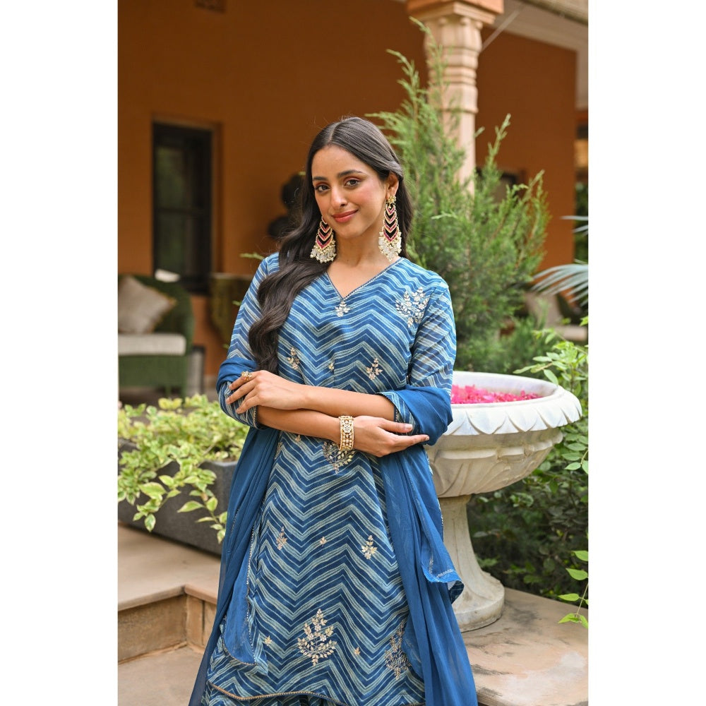 Mahee Jaipur Blue Lehriya Chanderi Sharara with Kurta Gota Patti Work and Dupatta (Set of 3)