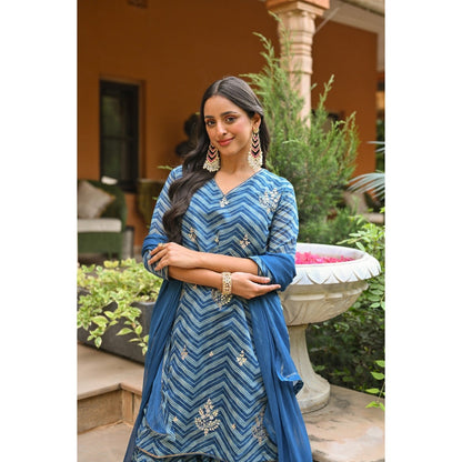 Mahee Jaipur Blue Lehriya Chanderi Sharara with Kurta Gota Patti Work and Dupatta (Set of 3)