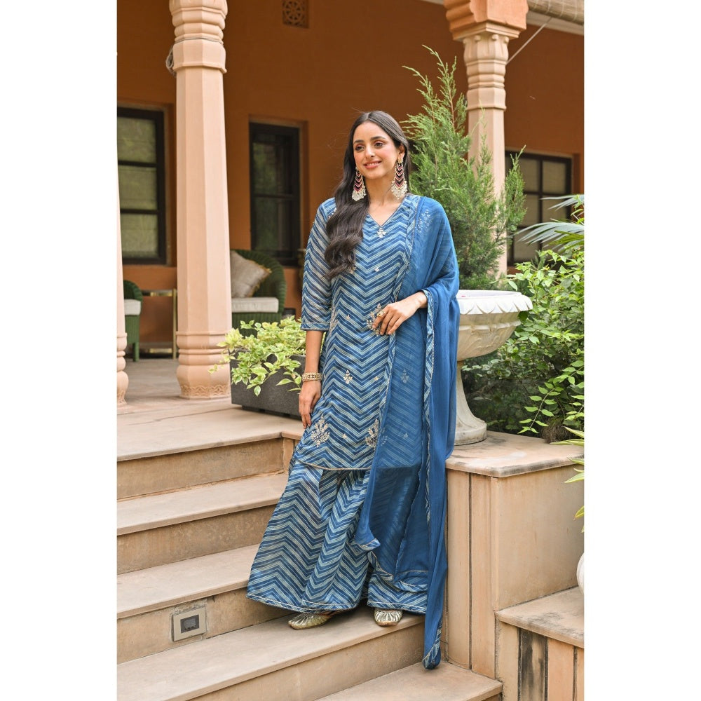 Mahee Jaipur Blue Lehriya Chanderi Sharara with Kurta Gota Patti Work and Dupatta (Set of 3)
