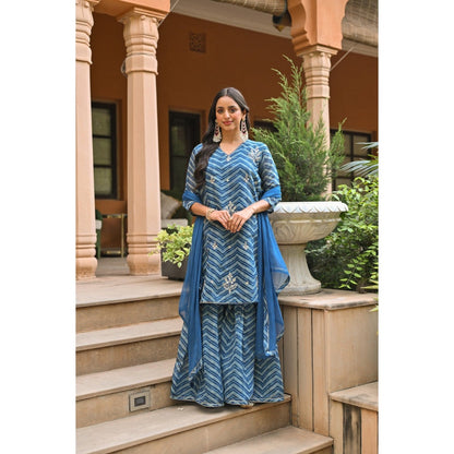 Mahee Jaipur Blue Lehriya Chanderi Sharara with Kurta Gota Patti Work and Dupatta (Set of 3)