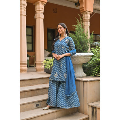 Mahee Jaipur Blue Lehriya Chanderi Sharara with Kurta Gota Patti Work and Dupatta (Set of 3)