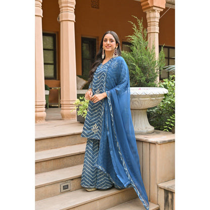 Mahee Jaipur Blue Lehriya Chanderi Sharara with Kurta Gota Patti Work and Dupatta (Set of 3)