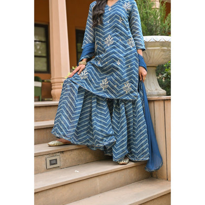 Mahee Jaipur Blue Lehriya Chanderi Sharara with Kurta Gota Patti Work and Dupatta (Set of 3)