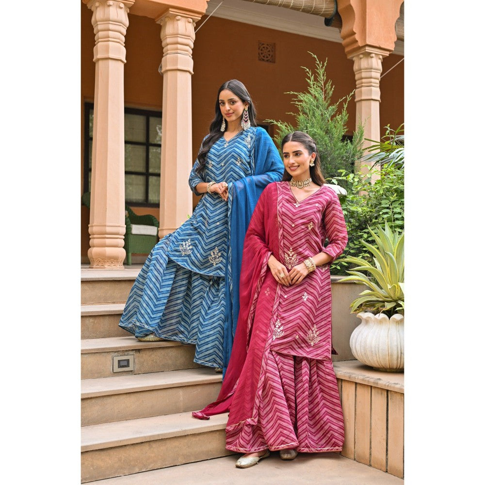 Mahee Jaipur Blue Lehriya Chanderi Sharara with Kurta Gota Patti Work and Dupatta (Set of 3)