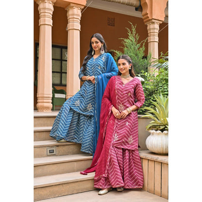 Mahee Jaipur Blue Lehriya Chanderi Sharara with Kurta Gota Patti Work and Dupatta (Set of 3)