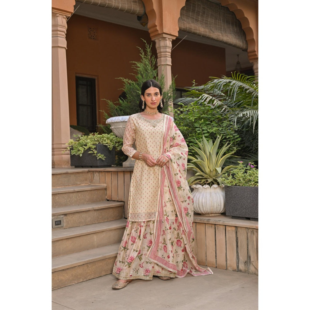 Mahee Jaipur Cream Ikhtiyar Floral Print Gota Kurta with Sharara and Dupatta (Set of 3)