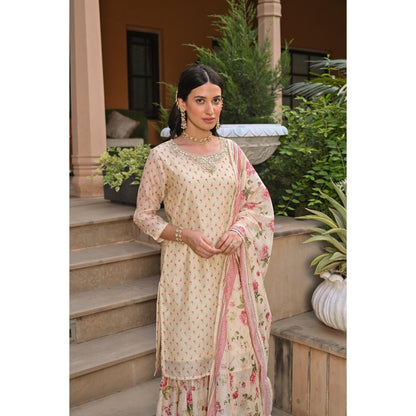 Mahee Jaipur Cream Ikhtiyar Floral Print Gota Kurta with Sharara and Dupatta (Set of 3)