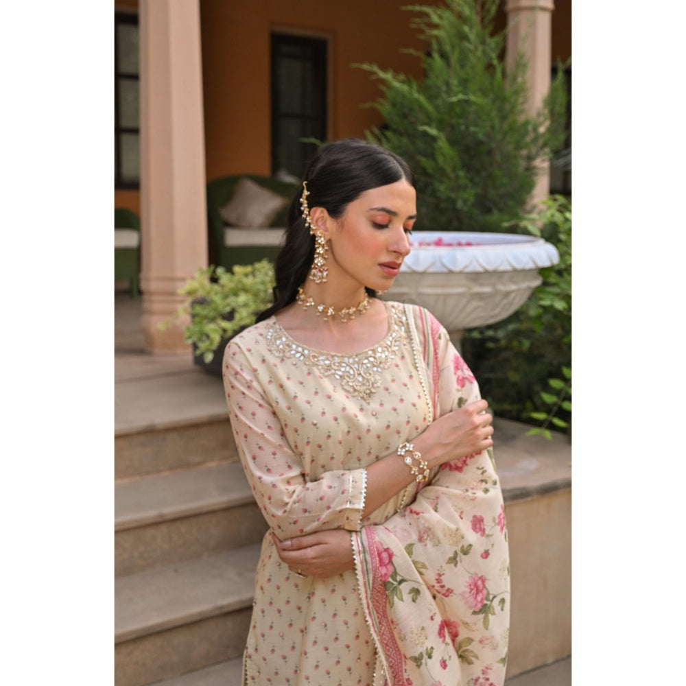 Mahee Jaipur Cream Ikhtiyar Floral Print Gota Kurta with Sharara and Dupatta (Set of 3)