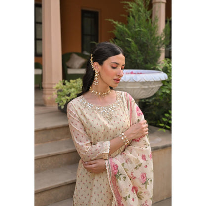 Mahee Jaipur Cream Ikhtiyar Floral Print Gota Kurta with Sharara and Dupatta (Set of 3)