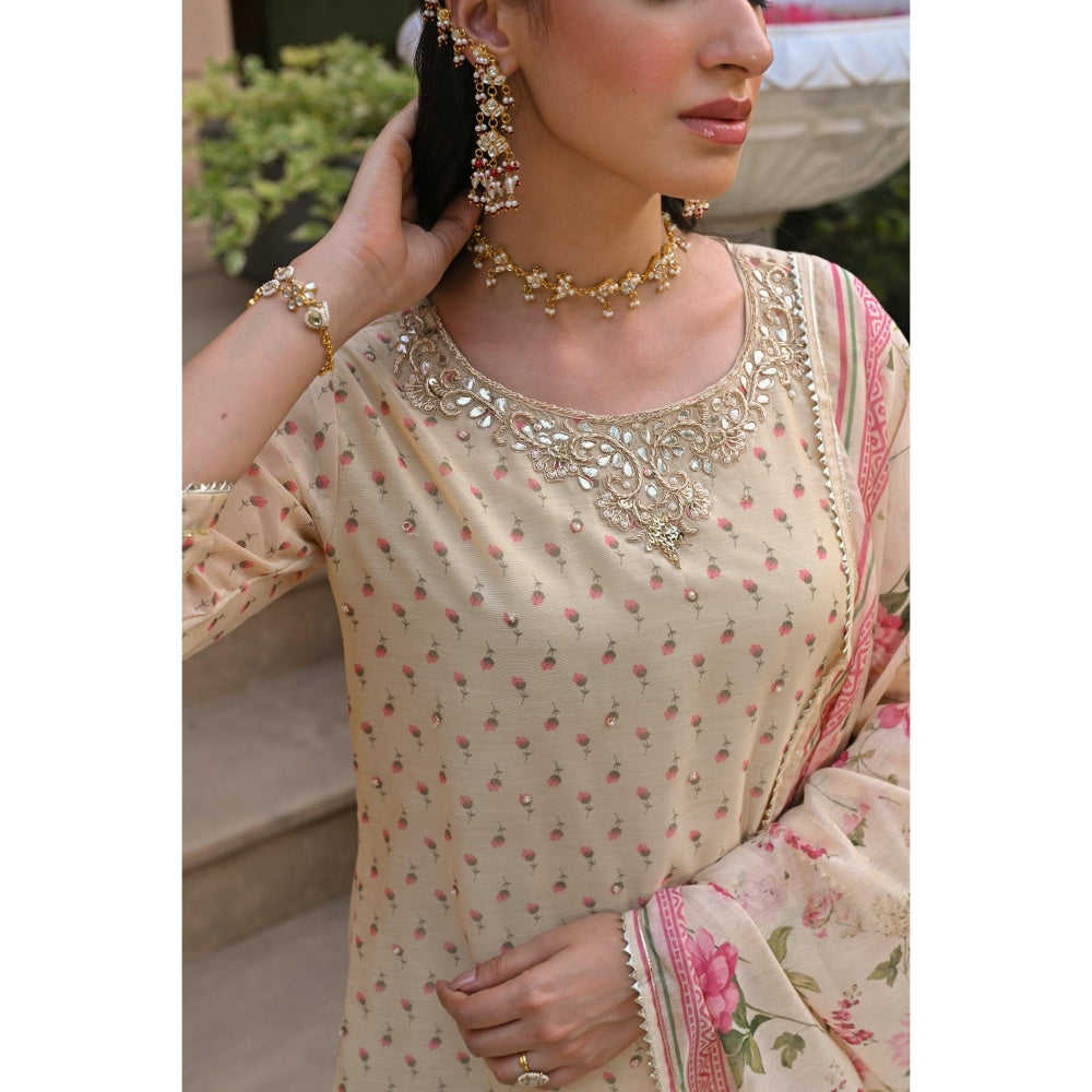 Mahee Jaipur Cream Ikhtiyar Floral Print Gota Kurta with Sharara and Dupatta (Set of 3)