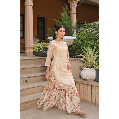 Mahee Jaipur Cream Ikhtiyar Floral Print Gota Kurta with Sharara and Dupatta (Set of 3)