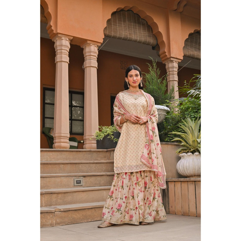 Mahee Jaipur Cream Ikhtiyar Floral Print Gota Kurta with Sharara and Dupatta (Set of 3)