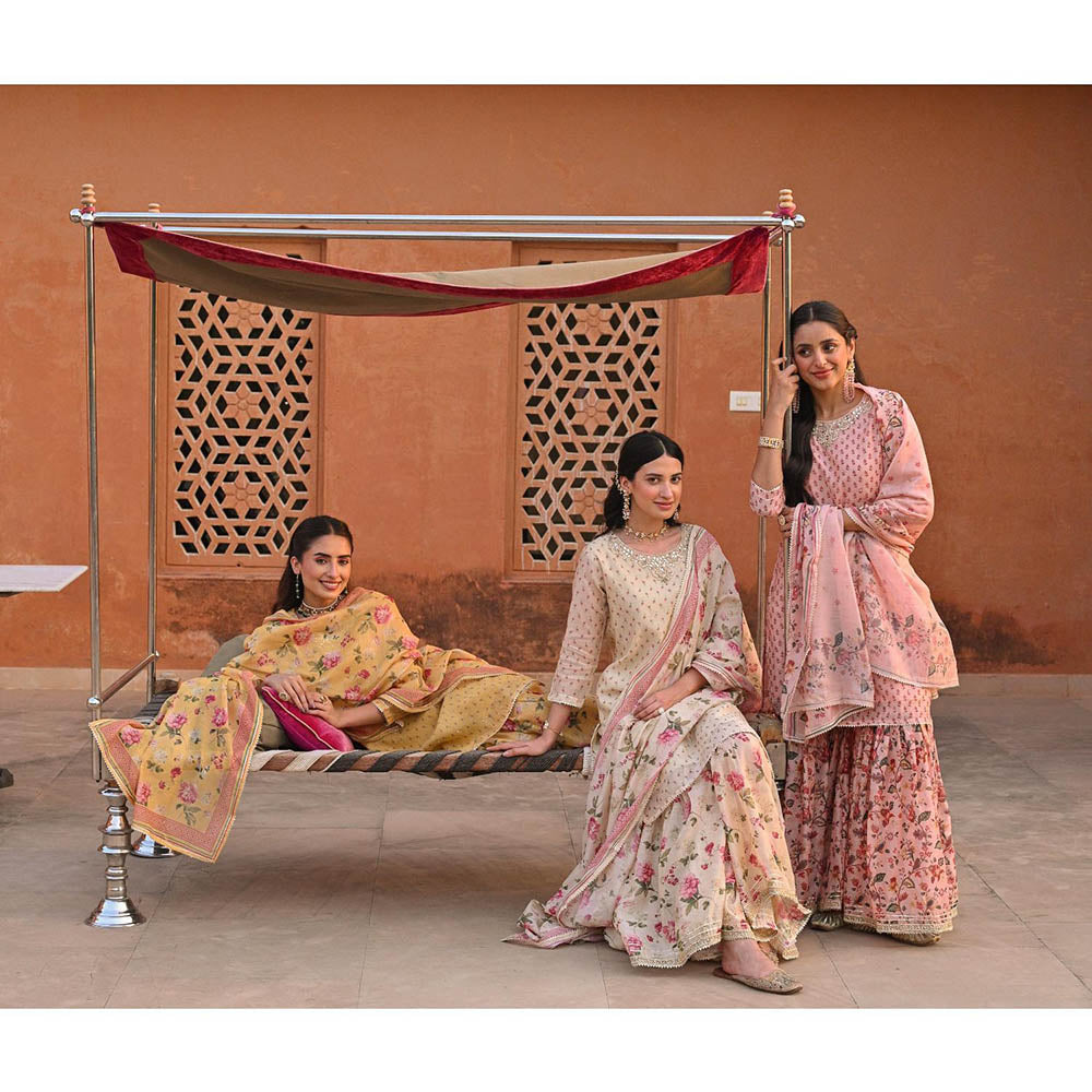 Mahee Jaipur Cream Ikhtiyar Floral Print Gota Kurta with Sharara and Dupatta (Set of 3)