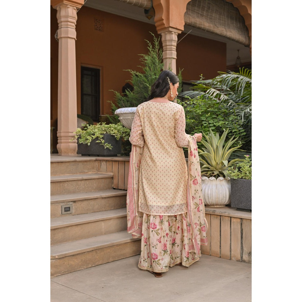 Mahee Jaipur Cream Ikhtiyar Floral Print Gota Kurta with Sharara and Dupatta (Set of 3)