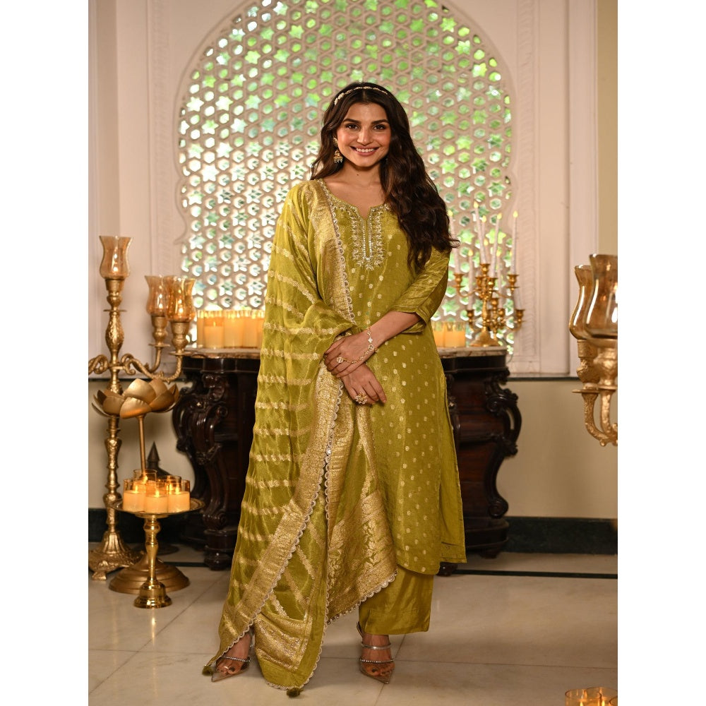 Mahee Jaipur Green Banarasi Sequence, Gota Work Kurta with Pant and Dupatta