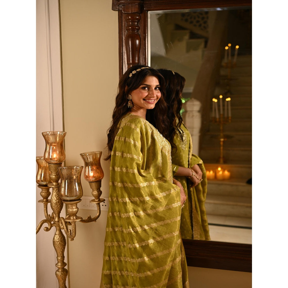 Mahee Jaipur Green Banarasi Sequence, Gota Work Kurta with Pant and Dupatta