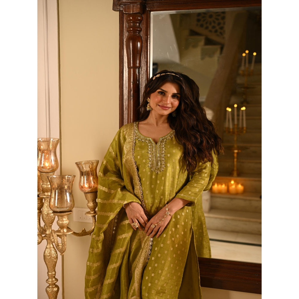 Mahee Jaipur Green Banarasi Sequence, Gota Work Kurta with Pant and Dupatta
