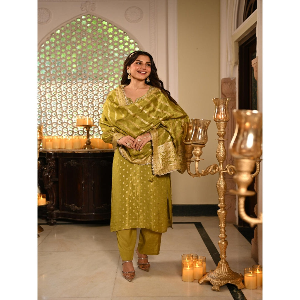 Mahee Jaipur Green Banarasi Sequence, Gota Work Kurta with Pant and Dupatta