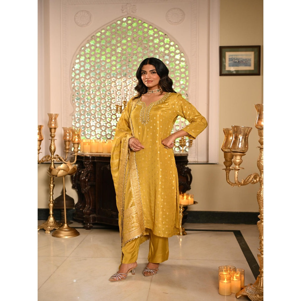 Mahee Jaipur Yellow Banarasi Sequence, Gota Work Kurta with Pant and Dupatta